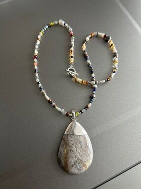 Beaded Necklace with Stone Teardrop Pendant